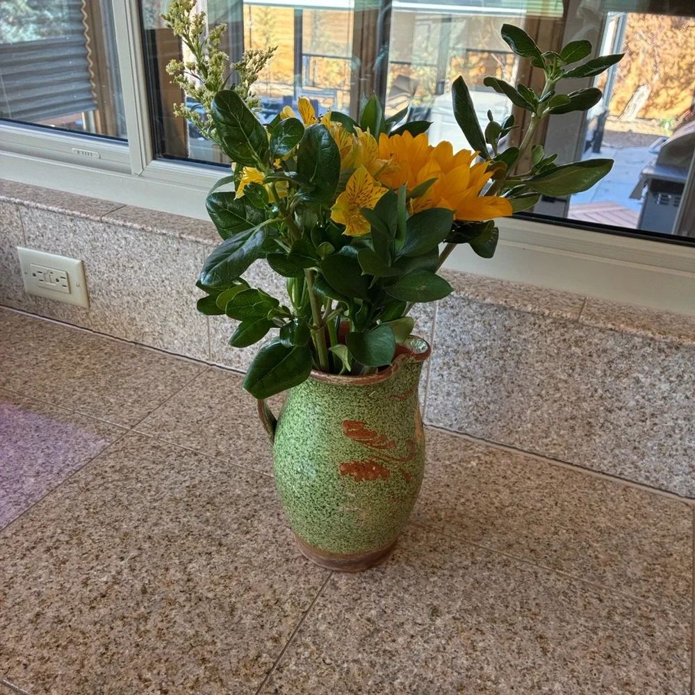 Italian ceramic pitcher rustic or folk art style, speckled green glaze Red Clay